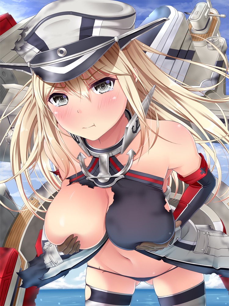 bismarck_(kancolle) breast_grab breasts kantai_collection melopun no_bra thighhighs torn_clothes
