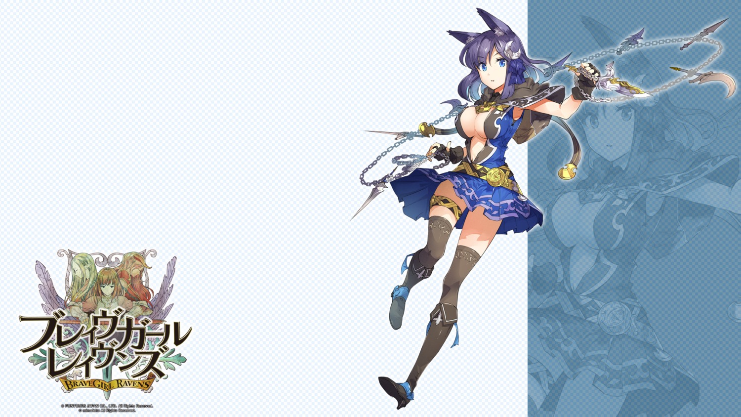 animal_ears brave_girl_ravens cleavage garter heels miya_kazutomo no_bra open_shirt thighhighs wallpaper weapon