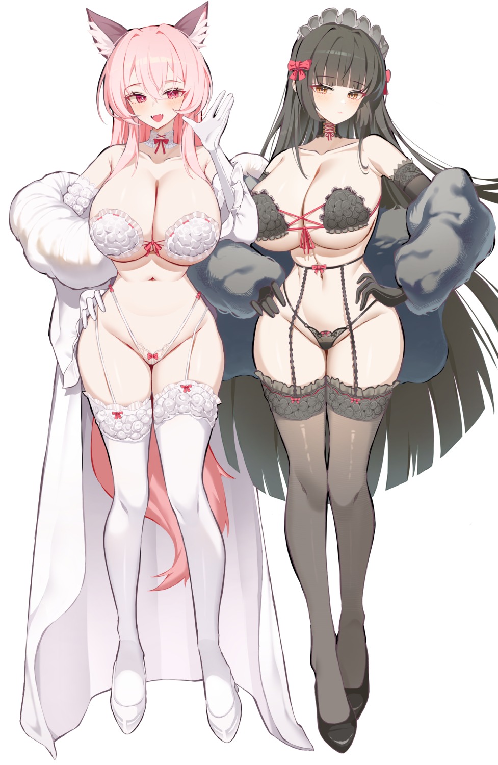 animal_ears bra dinah_(piiru) garter_belt lingerie maid open_shirt pantsu sia_(piiru) stockings tagme tail thighhighs