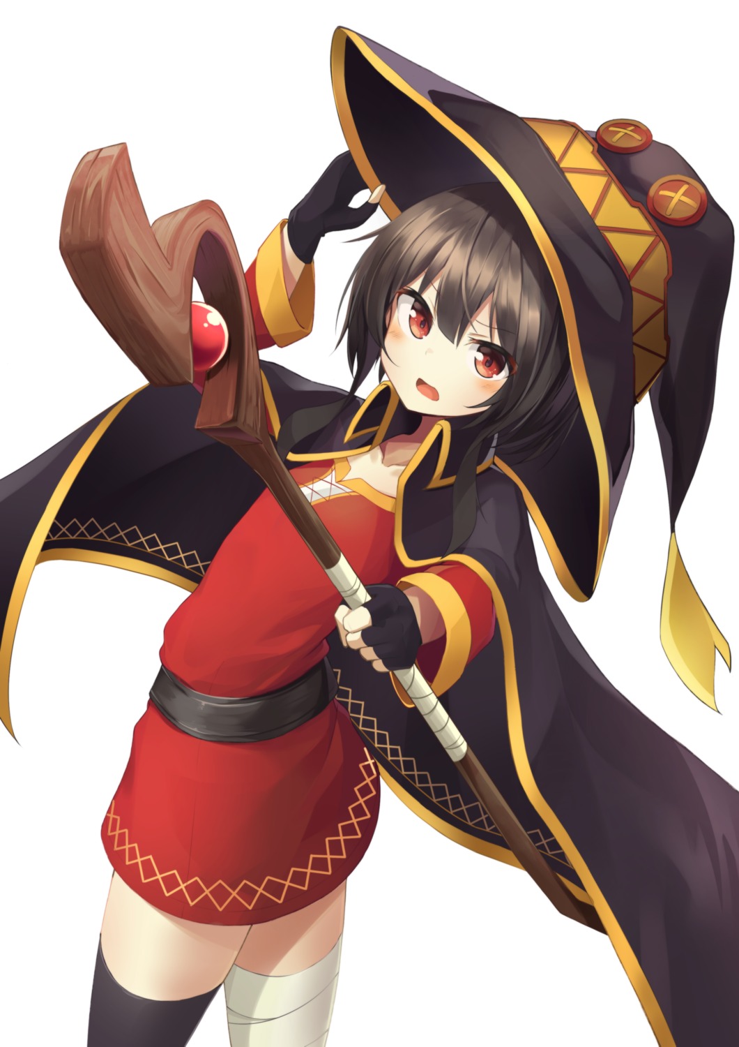 apple_ringo bandages dress kono_subarashii_sekai_ni_shukufuku_wo! megumin thighhighs weapon witch