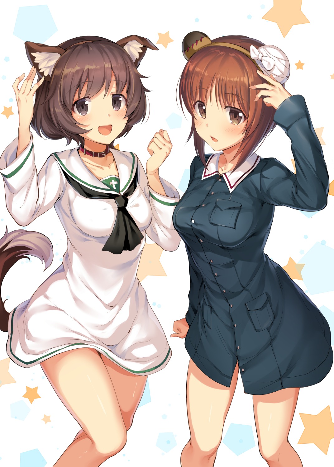 akiyama_yukari animal_ears girls_und_panzer ikomochi nishizumi_miho seifuku tail uniform