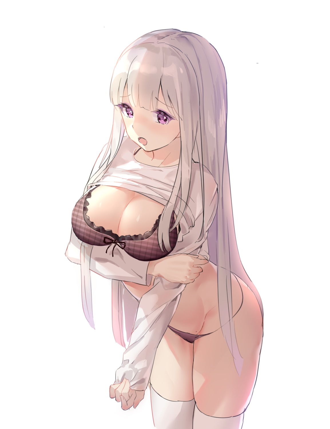 bra lazy_scorpion pantsu shirt_lift sketch thighhighs