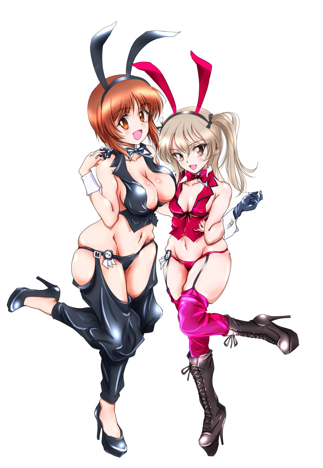 animal_ears bunny_ears bunny_girl girls_und_panzer heels nishizumi_miho no_bra open_shirt pantsu shimada_arisu stockings thighhighs tomokoji