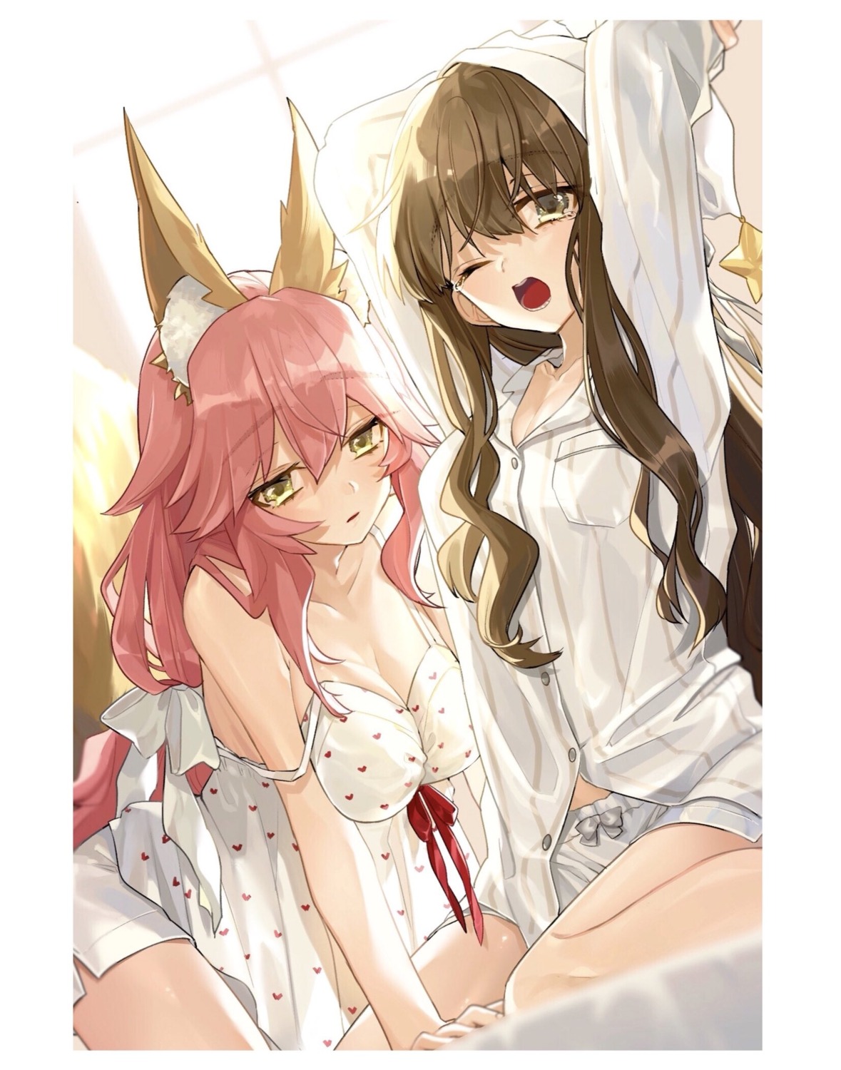 animal_ears cleavage dress_shirt fate/extra fate/stay_night hino_hinako kishinami_hakuno lingerie pantsu tail tamamo_no_mae