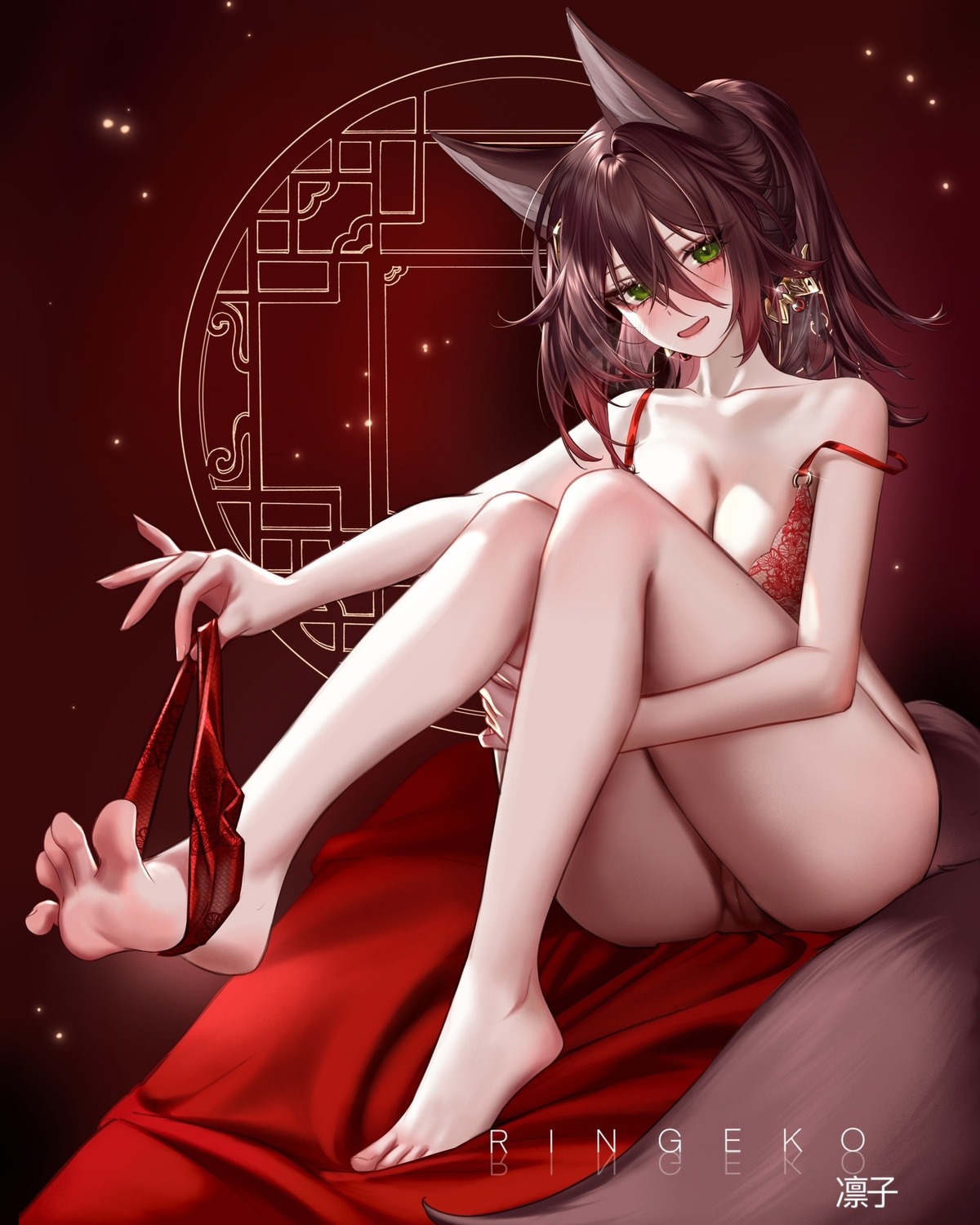 animal_ears bottomless bra feet honkai:_star_rail pantsu panty_pull pussy ringeko-chan tail tingyun uncensored undressing