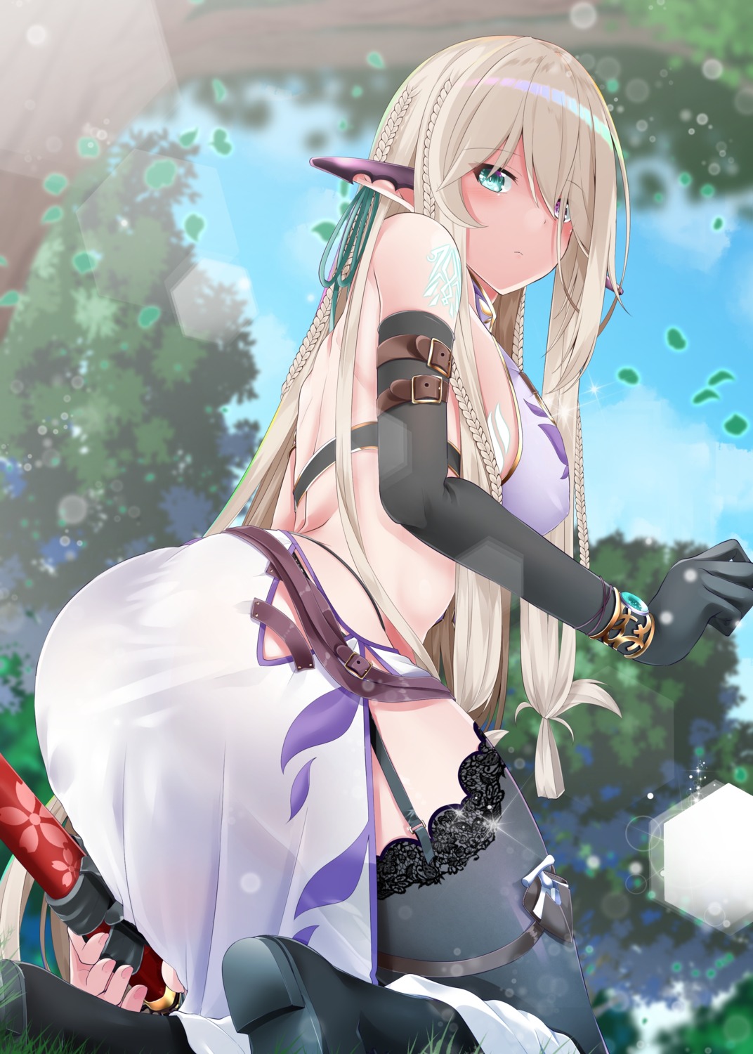 ass elf garter heels heterochromia pointy_ears shirosuzu stockings tattoo thighhighs weapon