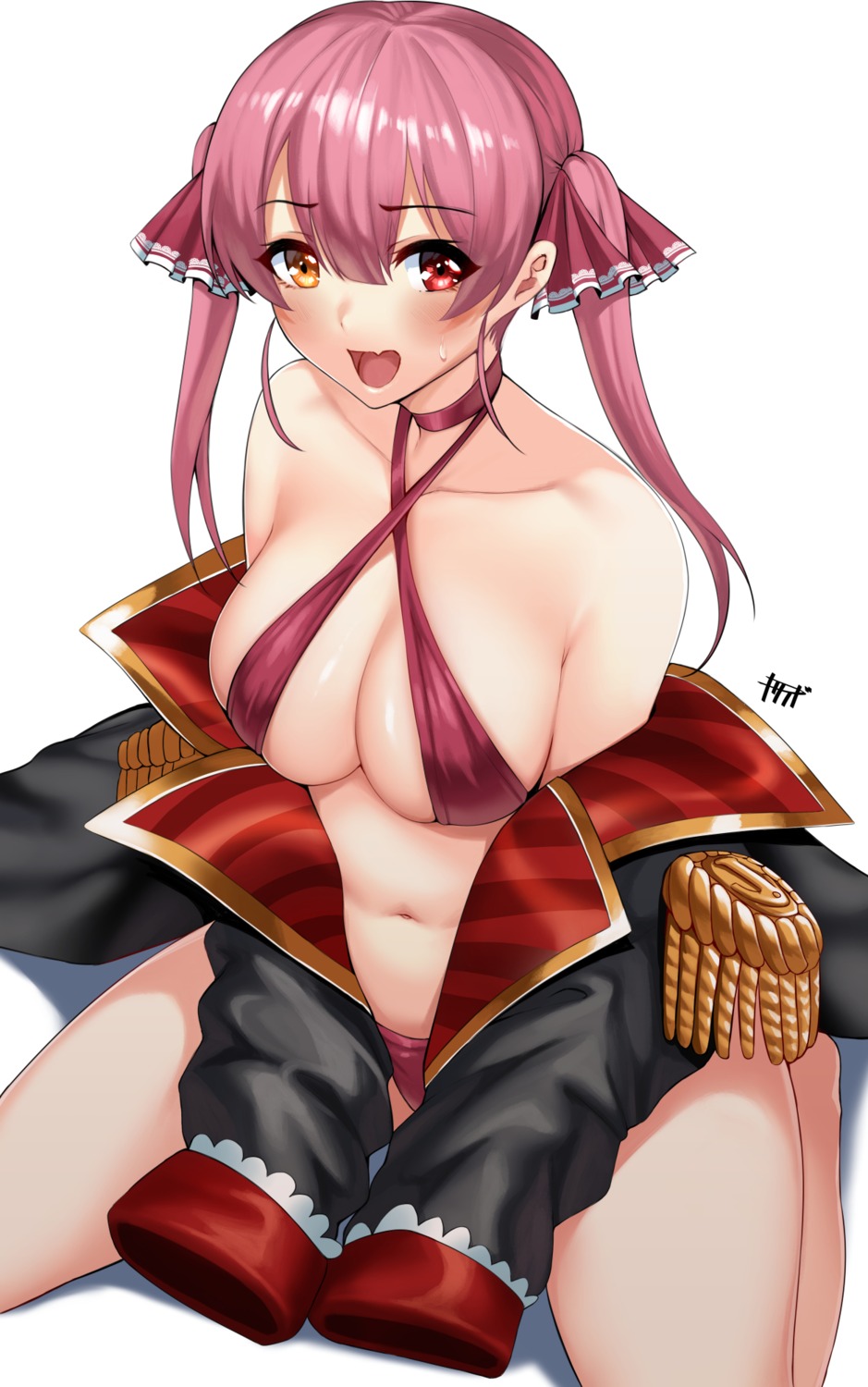 bikini heterochromia hololive houshou_marine kisaragi_tsurugi open_shirt swimsuits uniform