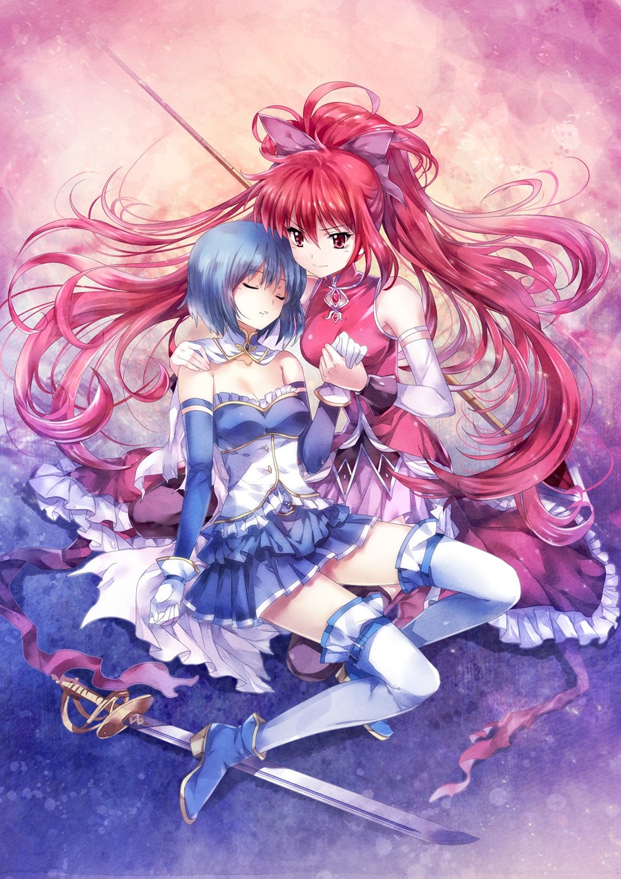 mahou_shoujo_madoka_magica miki_sayaka pico_(artist) sakura_kyouko sword thighhighs