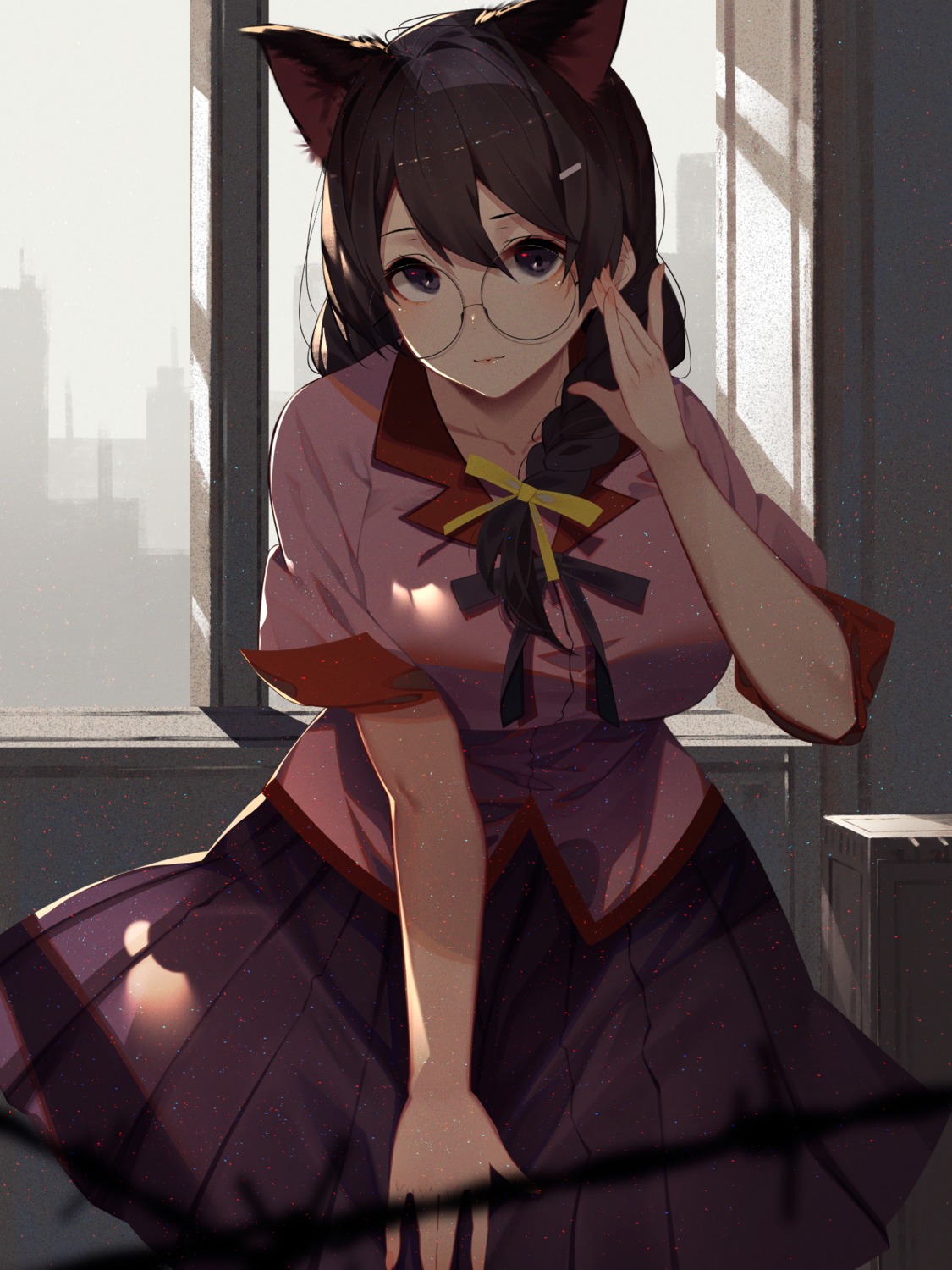 animal_ears bakemonogatari hanekawa_tsubasa kisui megane monogatari_(series) seifuku