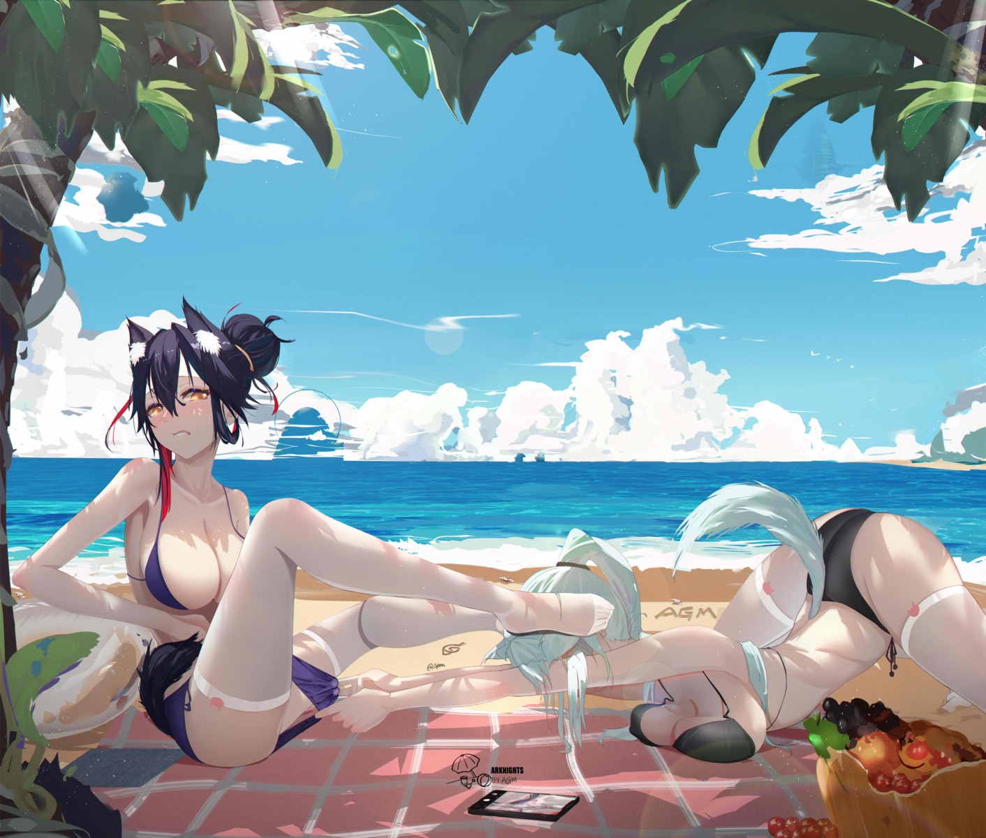 animal_ears arknights bikini feet lappland_(arknights) omone_hokoma_agm swimsuits tail texas_(arknights) thighhighs yuri