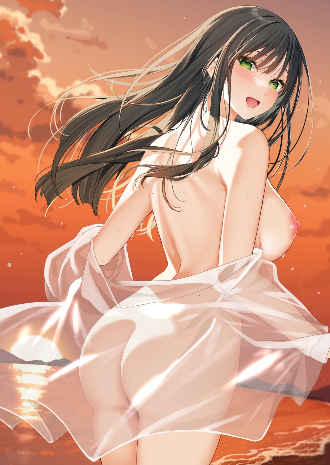 ass bekotarou bottomless breasts nipples no_bra open_shirt see_through