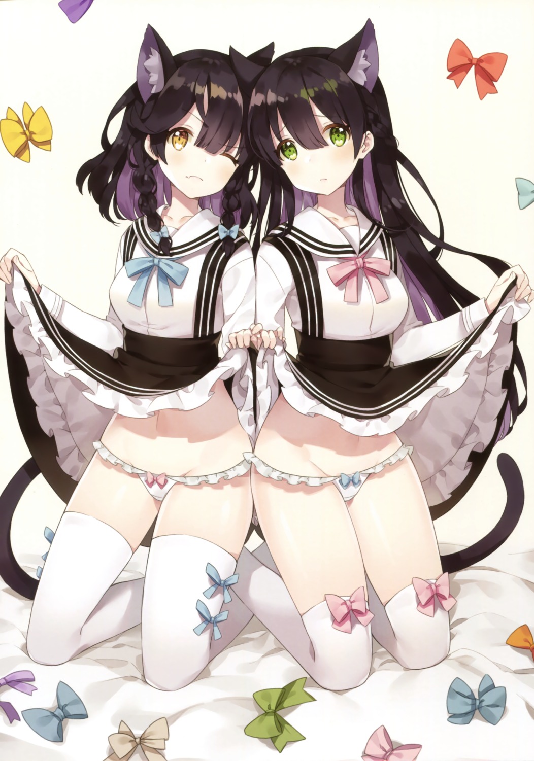 animal_ears ayamy nekomimi pantsu seifuku skirt_lift tail thighhighs