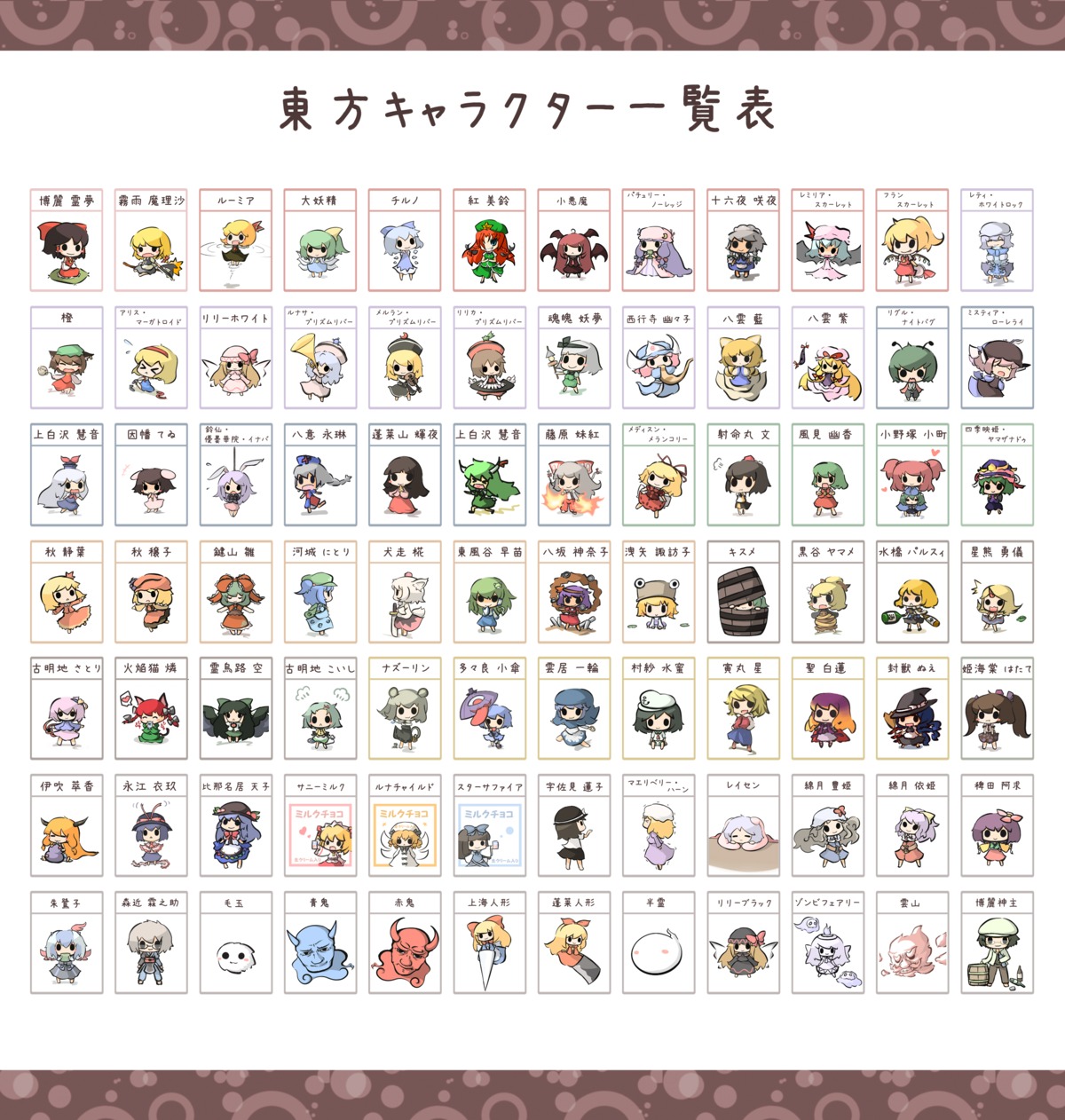 aki_minoriko aki_shizuha alice_margatroid animal_ears bunny_ears chen chibi cirno daiyousei ex_keine flandre_scarlet fujiwara_no_mokou hakurei_reimu hieda_no_akyuu hijiri_byakuren himekaidou_hatate hinanawi_tenshi hong_meiling hoshiguma_yuugi houjuu_nue hourai_doll houraisan_kaguya ibuki_suika inaba_tewi inubashiri_momiji izayoi_sakuya kaenbyou_rin kagiyama_hina kamishirasawa_keine kawashiro_nitori kazami_yuuka kirisame_marisa kisume koakuma kochiya_sanae komeiji_koishi komeiji_satori konpaku_youmu kumoi_ichirin kurodani_yamame letty_whiterock lily_black lily_white luna_child lunasa_prismriver lyrica_prismriver maribel_han medicine_melancholy merlin_prismriver mizuhashi_parsee morichika_rinnosuke moriya_suwako murasa_minamitsu myon mystia_lorelei nagae_iku nazrin nekomimi onozuka_komachi patchouli_knowledge reisen_udongein_inaba reiuji_utsuho remilia_scarlet rumia saigyouji_yuyuko saku_(osake_love) shameimaru_aya shanghai_doll shikieiki_yamaxanadu star_sapphire sunny_milk tail tatara_kogasa tokiko toramaru_shou touhou usami_renko watatsuki_no_toyohime watatsuki_no_yorihime wings witch wriggle_nightbug yagokoro_eirin yakumo_ran yakumo_yukari yasaka_kanako