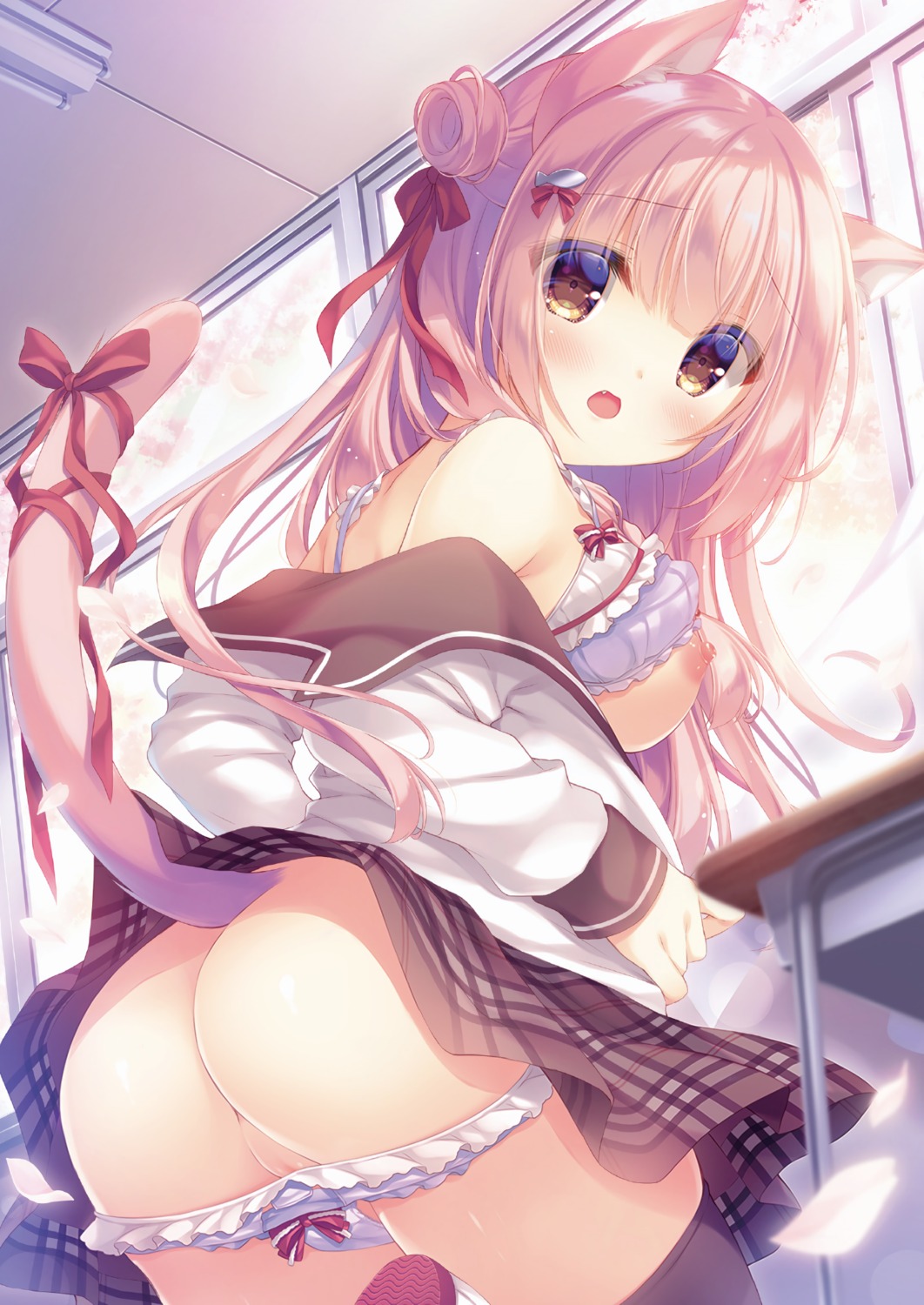 animal_ears ass bra breasts detexted nekomimi nipples open_shirt pantsu panty_pull photoshop pussy seifuku skirt_lift tail thighhighs wardrobe_malfunction yukie