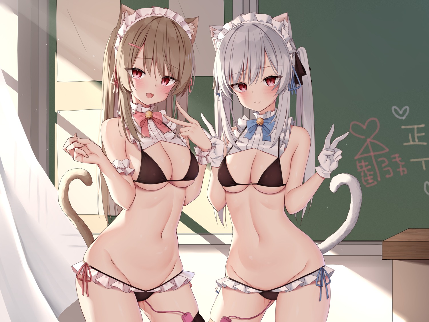 animal_ears bikini kamu_(geeenius) maid nekomimi pussy_juice swimsuits tail thighhighs vibrator