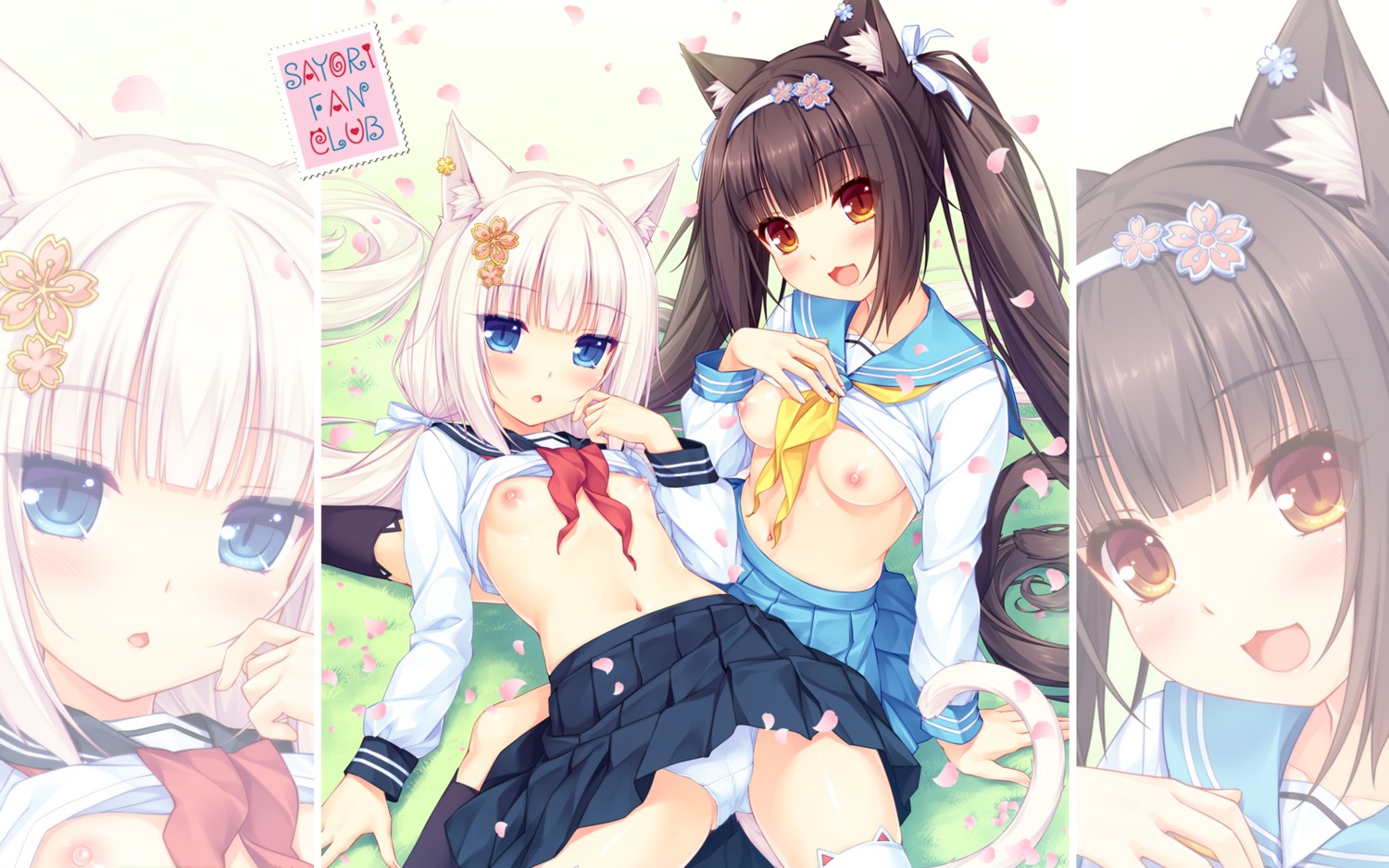 animal_ears breasts chocola nekomimi nekopara nipples no_bra pantsu sayori seifuku shirt_lift tail vanilla wallpaper