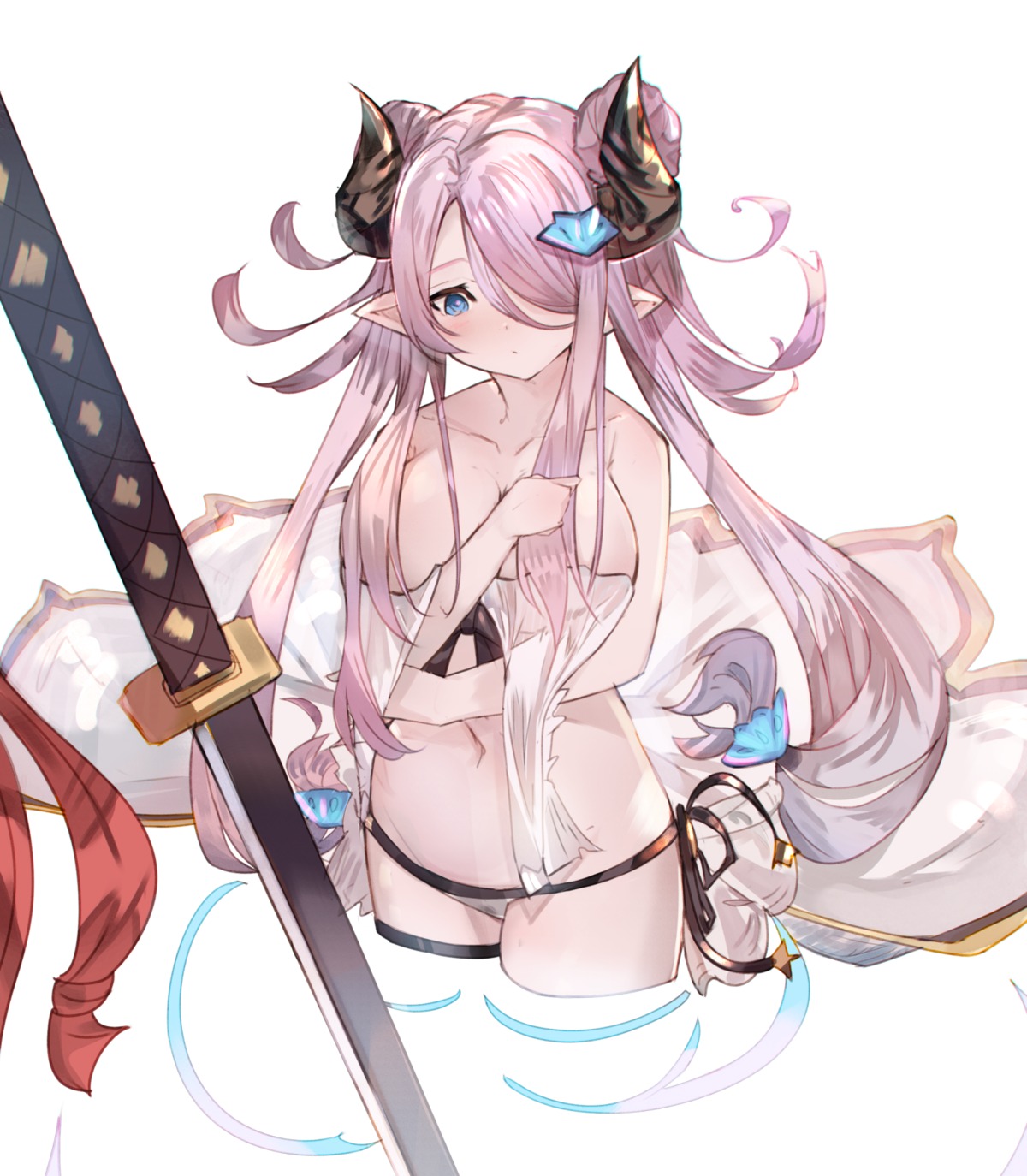 bikini breast_hold garter granblue_fantasy horns narumeia_(granblue_fantasy) pointy_ears swimsuits sword tota_(sizukurubiks) wardrobe_malfunction