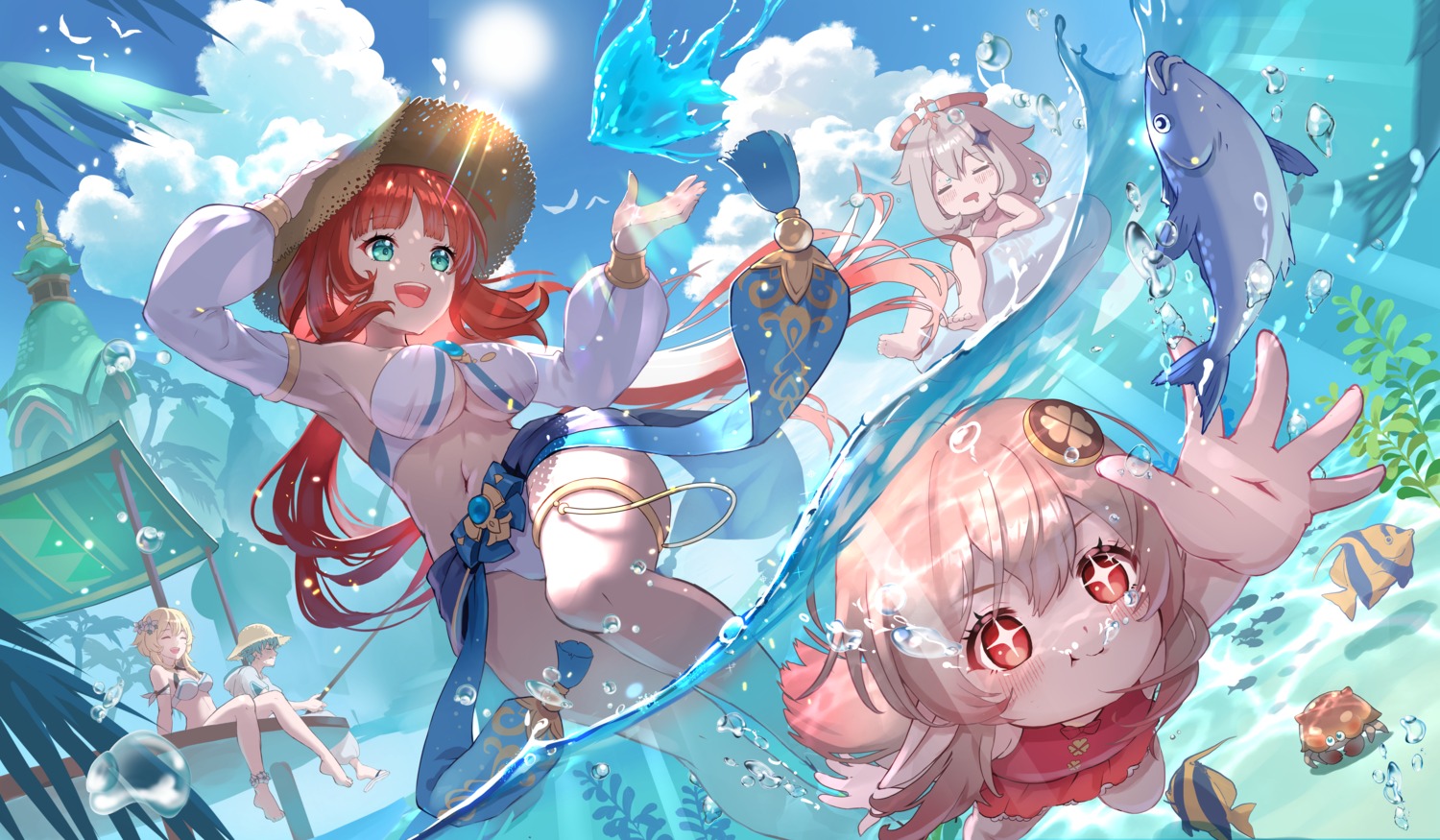 bikini chongyun garter genshin_impact klee lumine nilou nyansan_oekaki paimon swimsuits wet