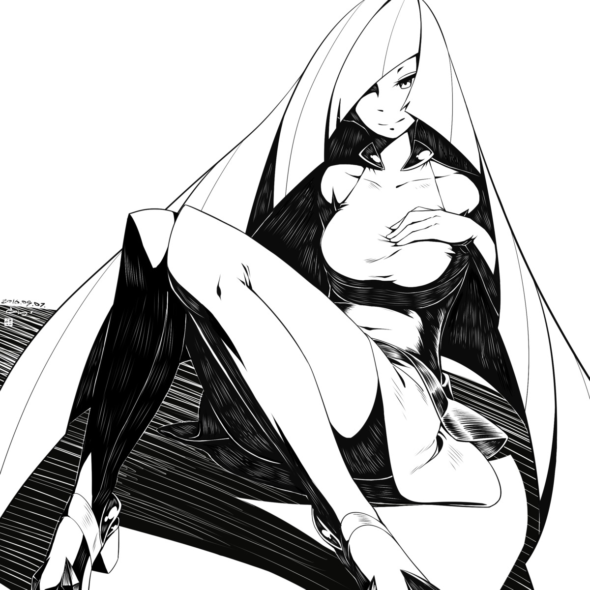 breast_hold dress heels lusamine_(pokemon) monochrome pantyhose pokemon pokemon_sm pokemon_usum yan_wan