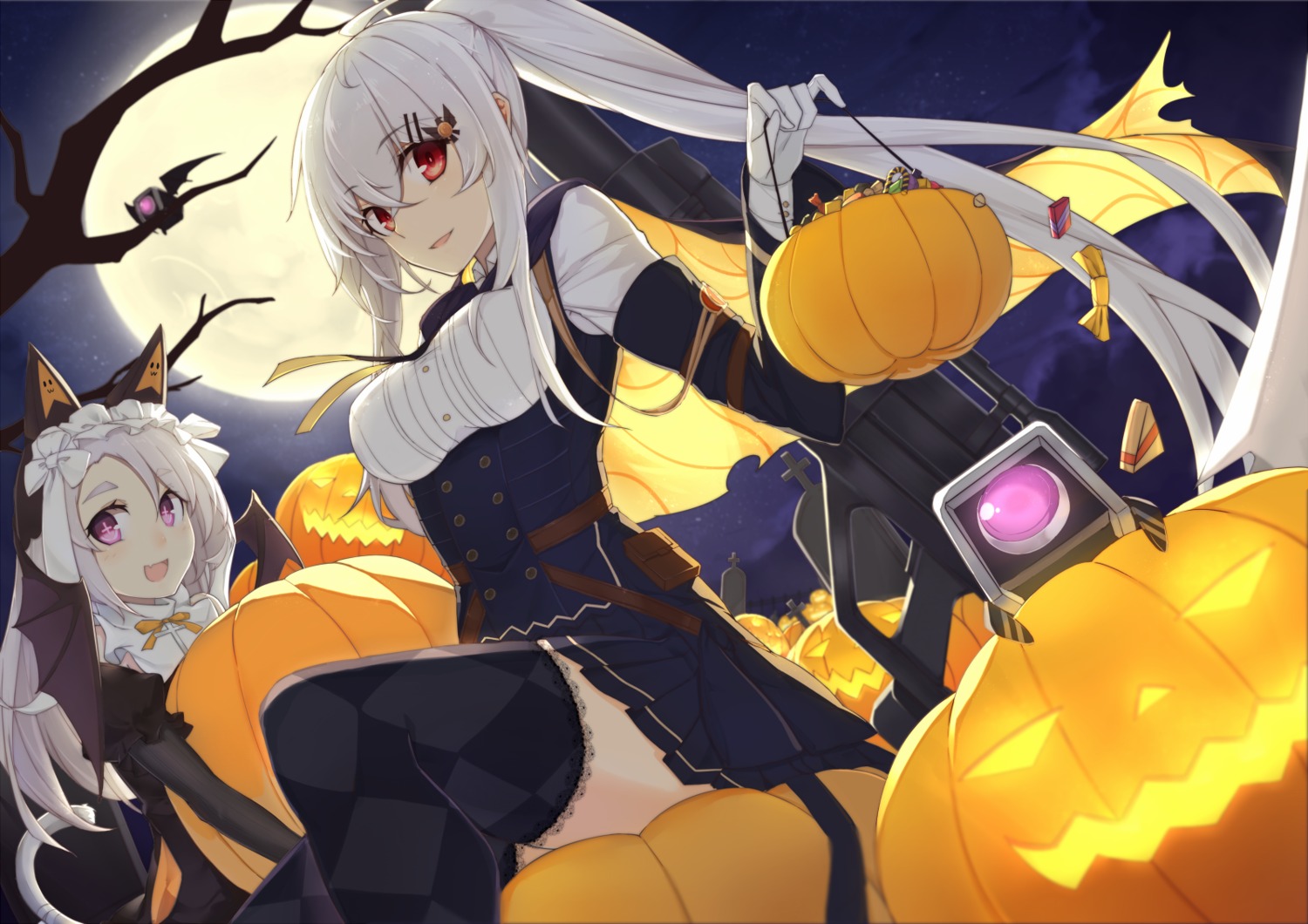 animal_ears bandages dinergate_(girls_frontline) girls_frontline halloween iws-2000_(girls_frontline) mag nun p7_(girls_frontline) tail thighhighs weapon wings