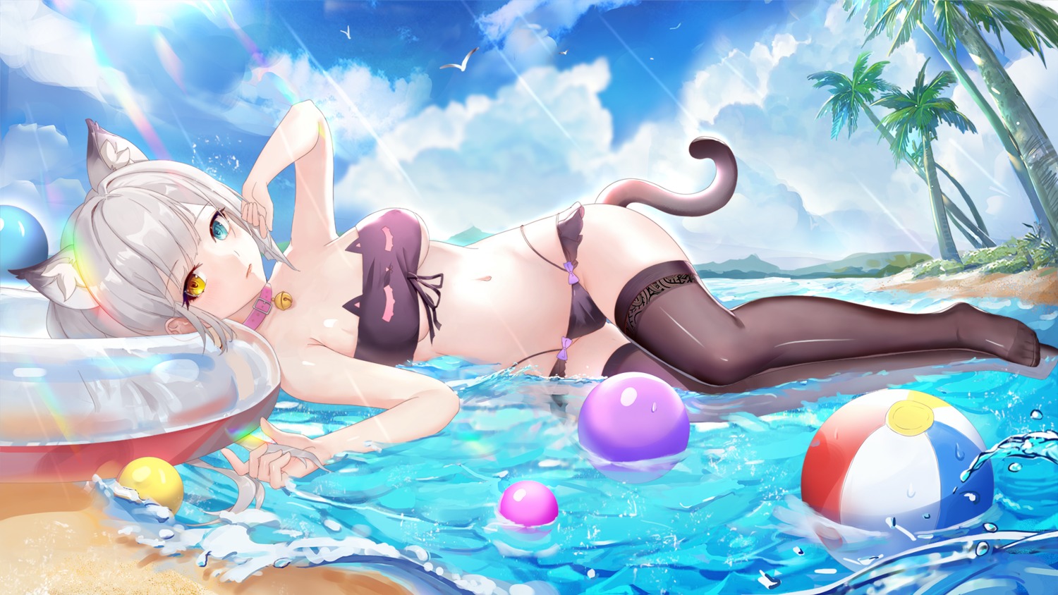 animal_ears bikini heterochromia nekomimi nicx swimsuits tail thighhighs wallpaper wet