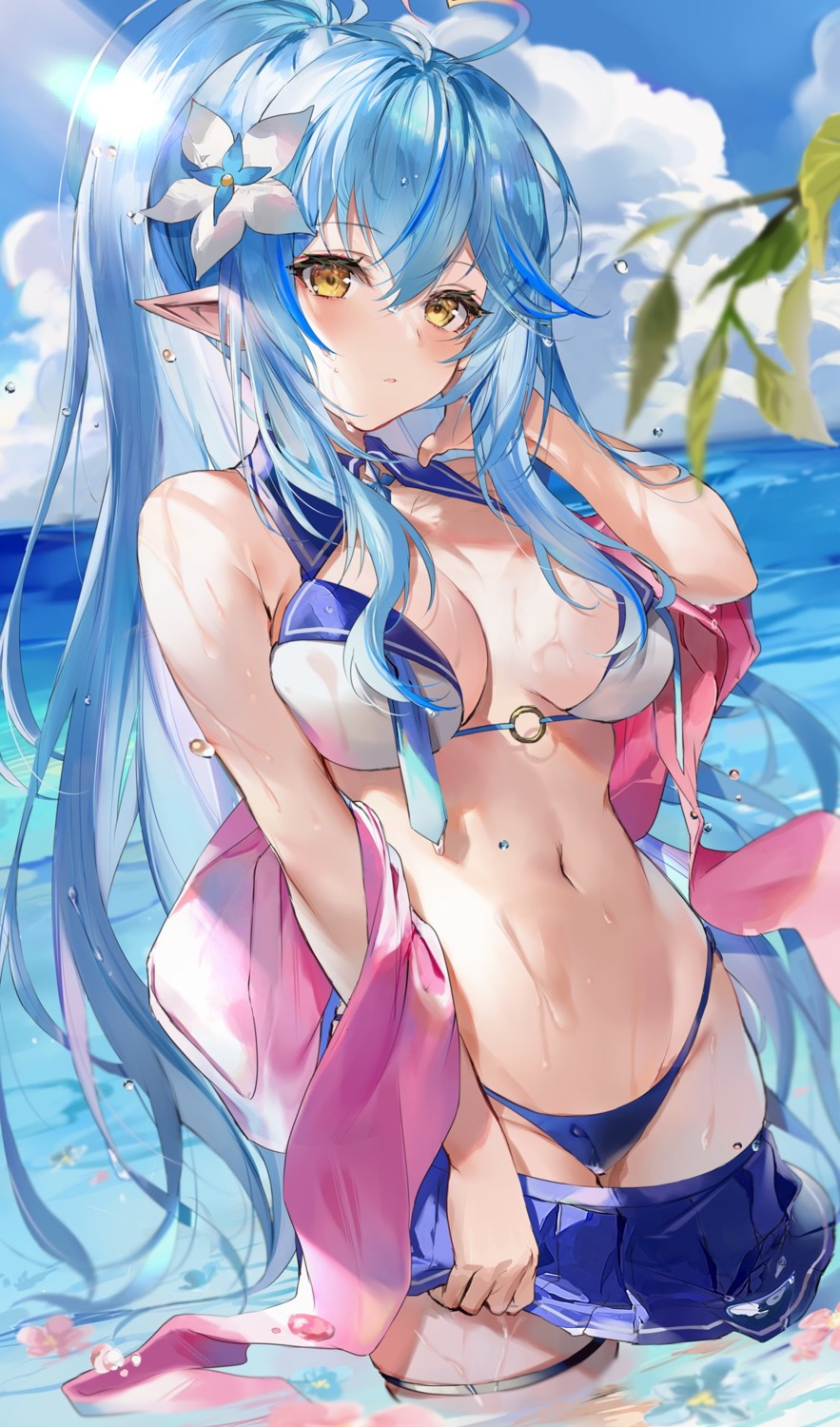 bikini garter hinahino hololive pointy_ears swimsuits wet yukihana_lamy