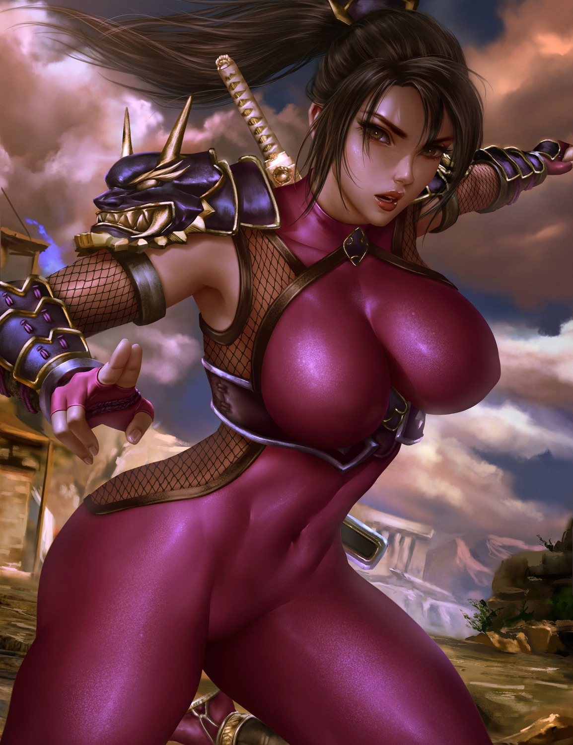 armor bodysuit fishnets logan_cure soul_calibur soul_calibur_iv sword taki