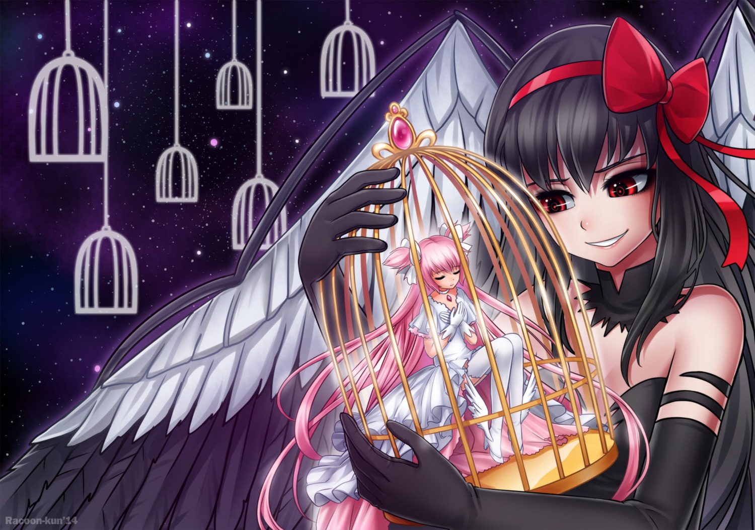 akemi_homura cleavage dress heels kaname_madoka puella_magi_madoka_magica racoon thighhighs ultimate_madoka wings