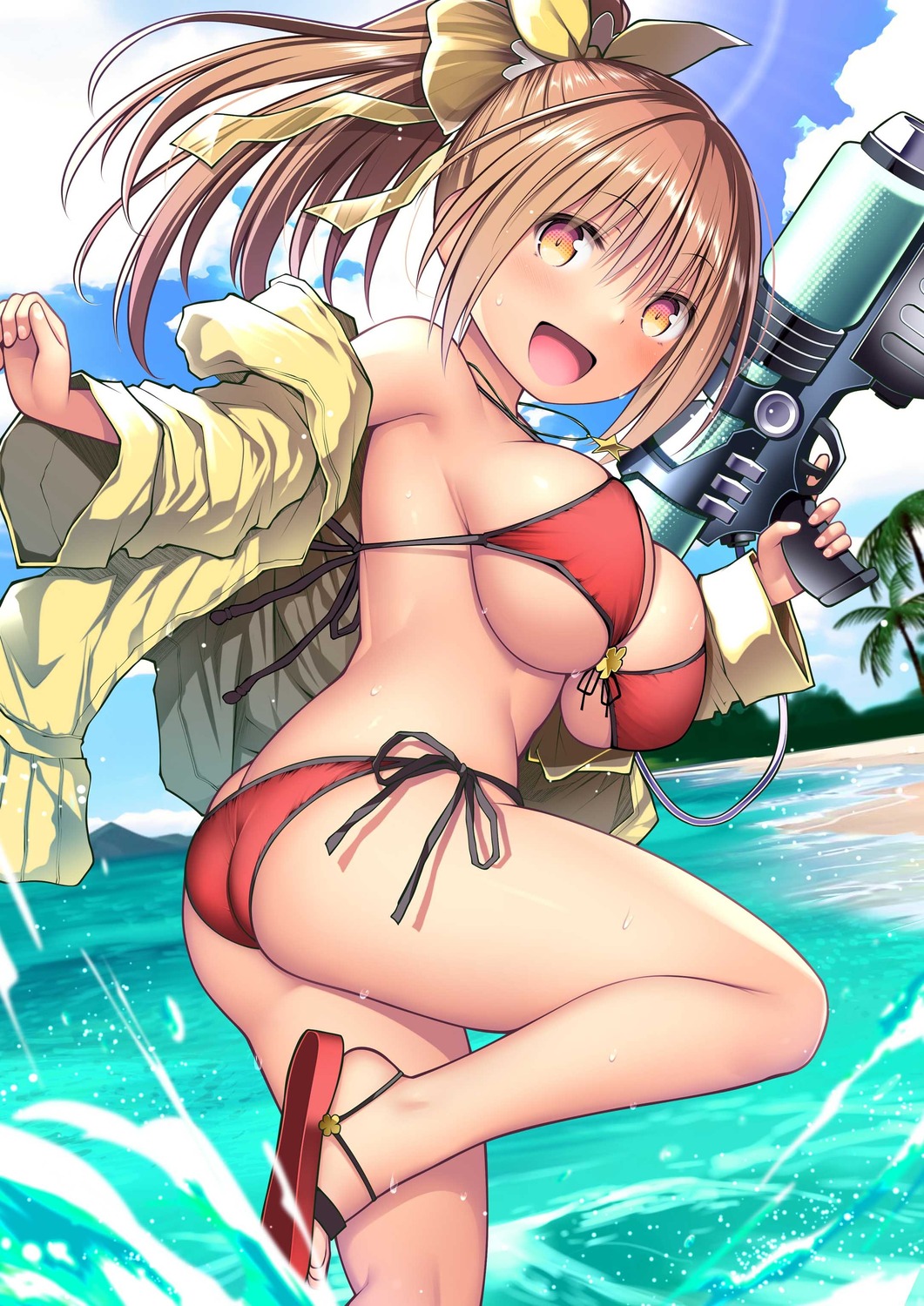 ass bikini gun kuromayu open_shirt swimsuits thong