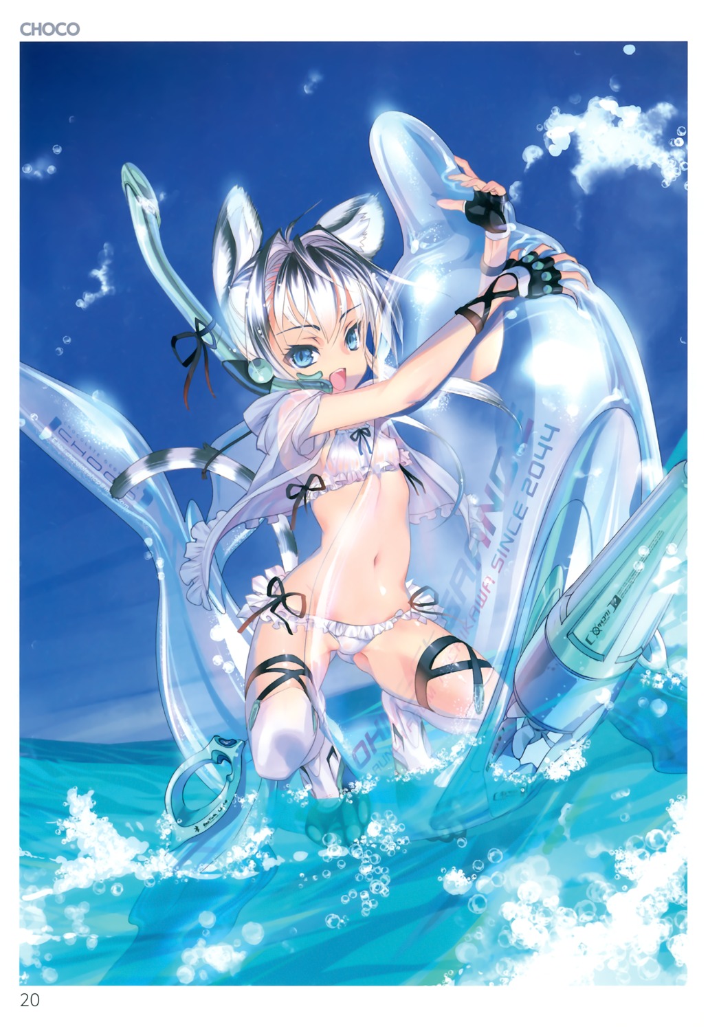 animal_ears bikini choco erect_nipples open_shirt see_through swimsuits tail thighhighs toranoana wet