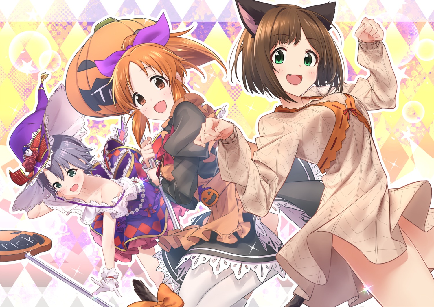 abe_nana animal_ears baffu dress halloween maekawa_miku nekomimi otokura_yuuki tail the_idolm@ster the_idolm@ster_cinderella_girls thighhighs witch