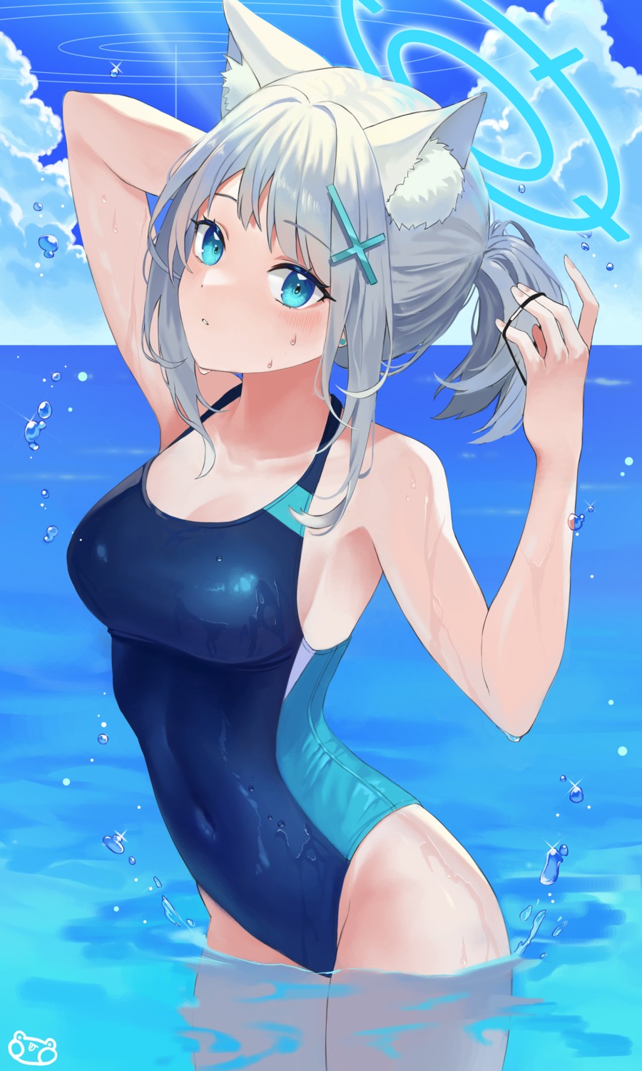 animal_ears blue_archive halo nekomimi prock sunaookami_shiroko swimsuits wet