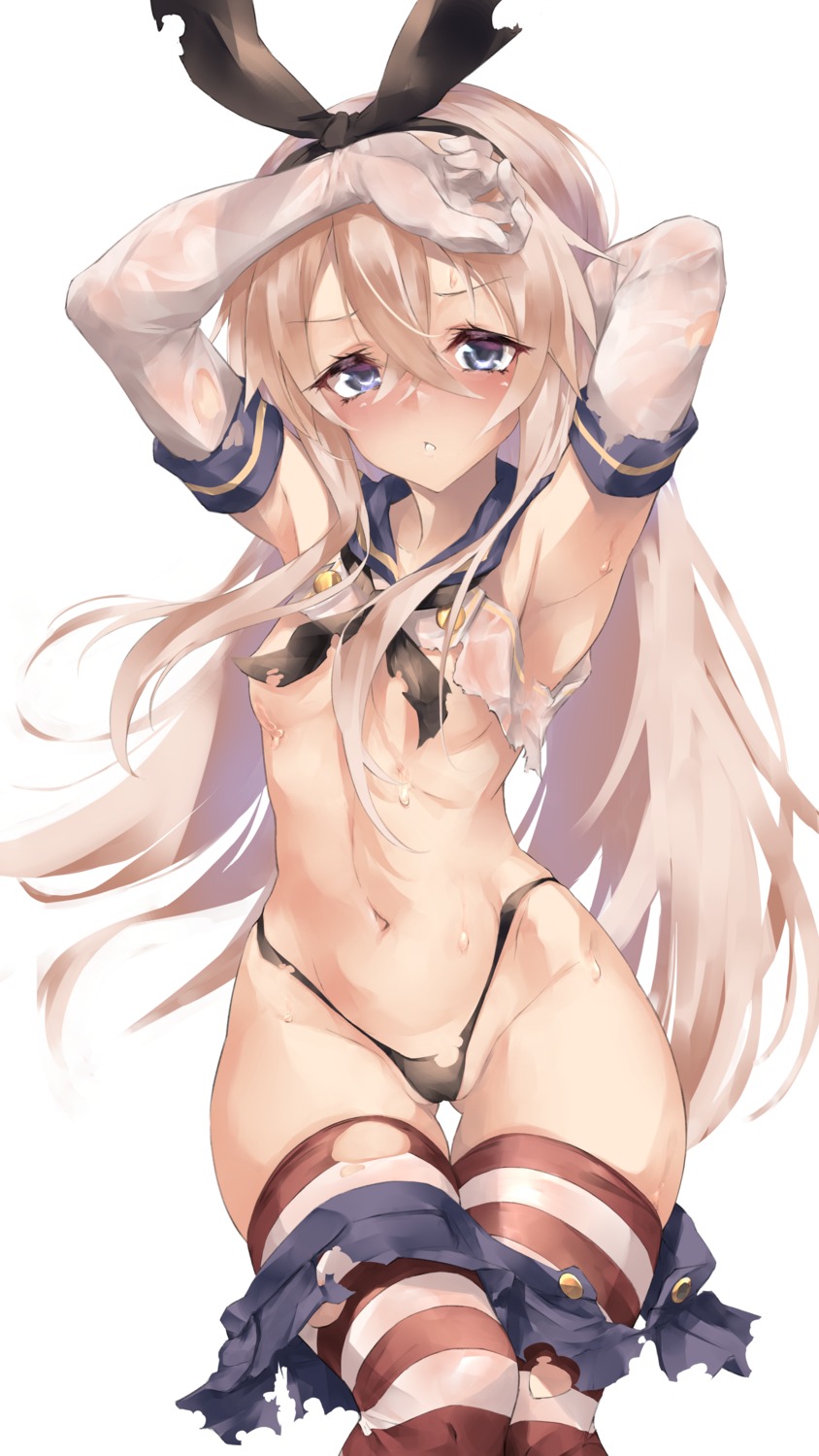 breasts cameltoe kantai_collection no_bra pantsu see_through seifuku shimakaze_(kancolle) sutetete thighhighs thong torn_clothes wardrobe_malfunction