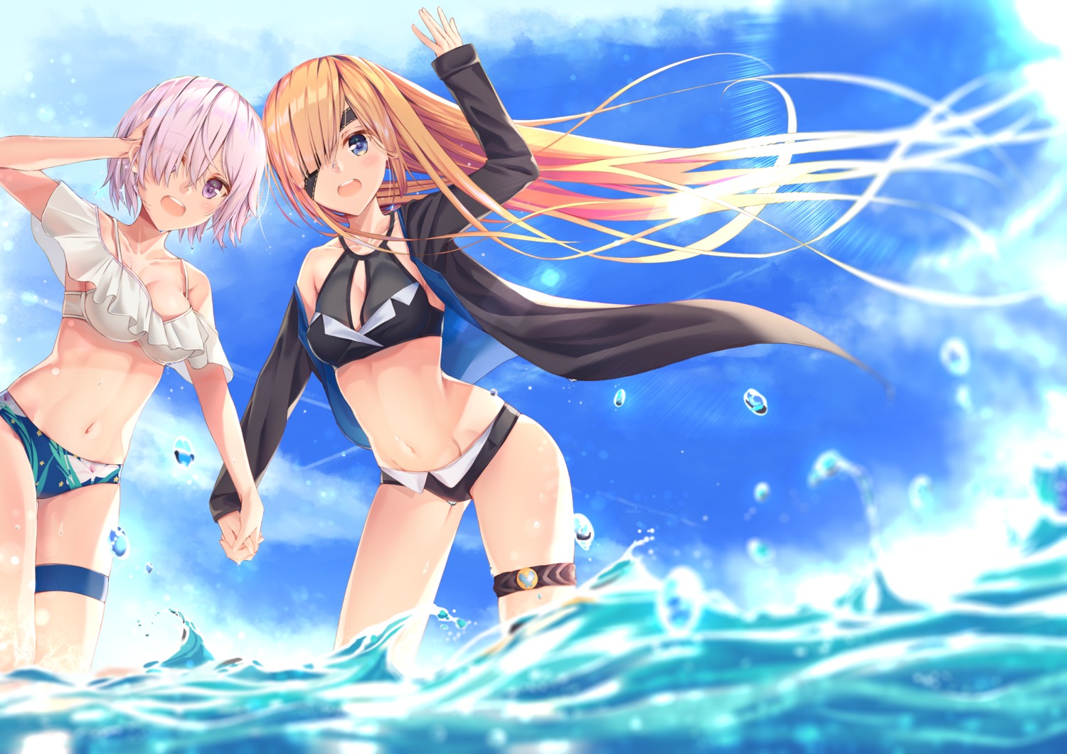 bikini cleavage eyepatch fate/grand_order garter mash_kyrielight open_shirt ophelia_phamrsolone swimsuits wet yoro_kurenai