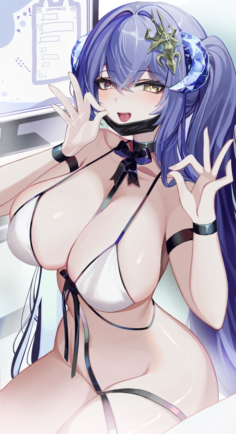 bikini_top bottomless heterochromia horns ruthenium77's_character swimsuits tagme