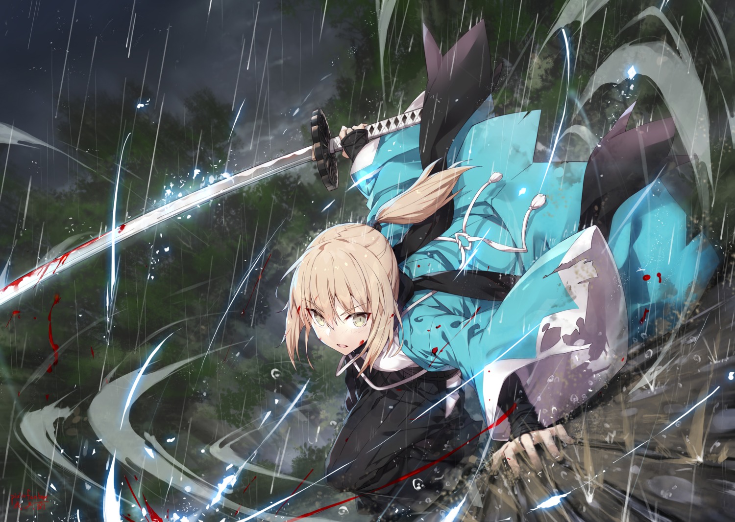 blood fate/grand_order gabiran japanese_clothes okita_souji_(fate) sword torn_clothes wet