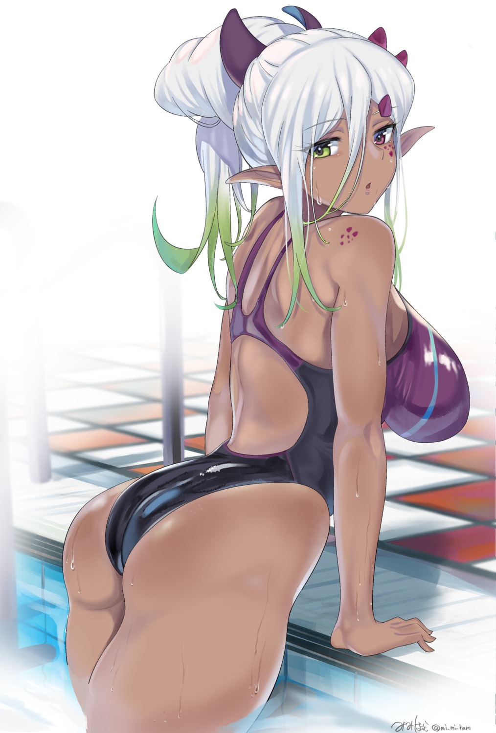 ass heterochromia horns mi_mi_ham pointy_ears swimsuits wet