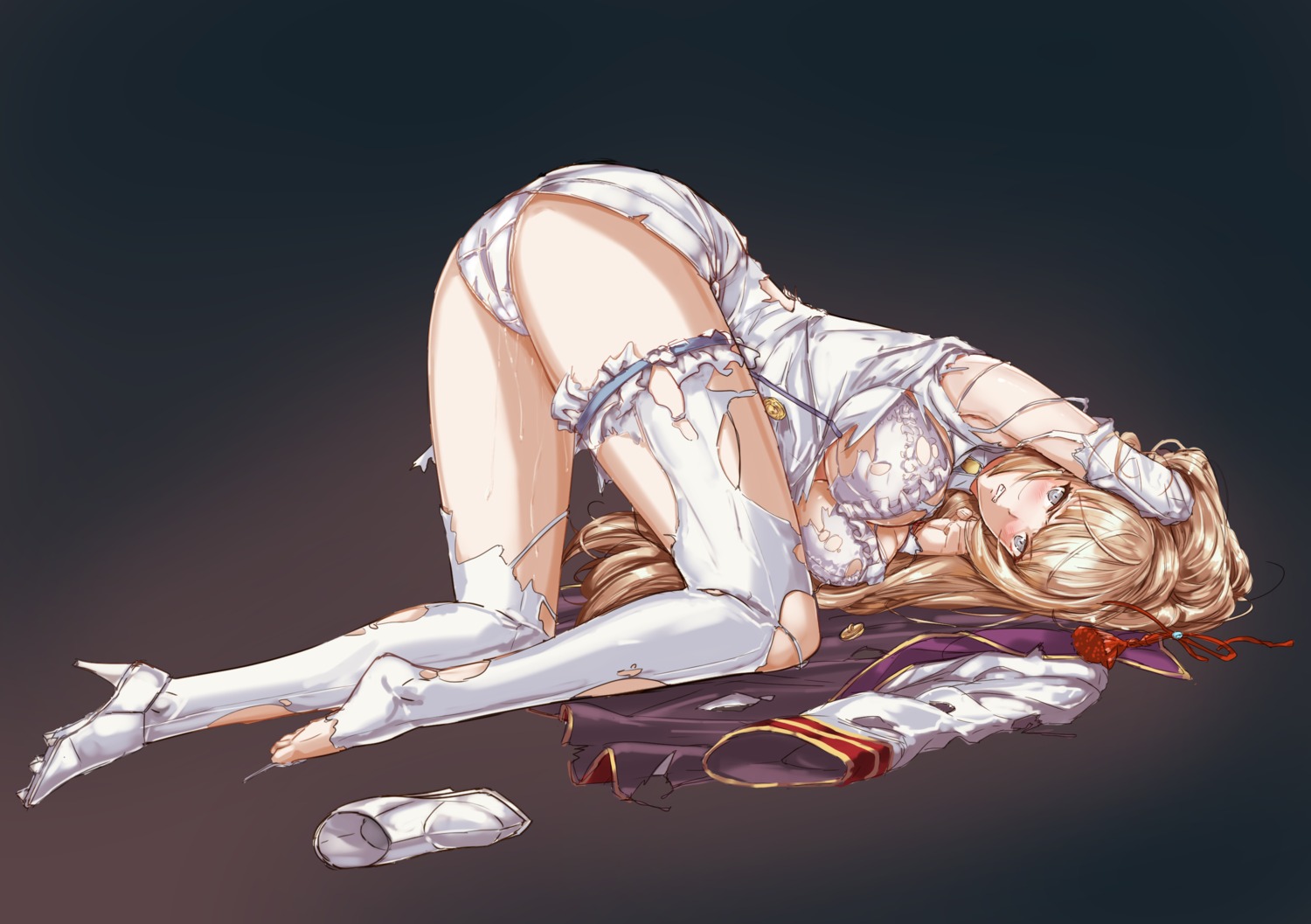 ass bra heels iron_blood_leona kazeno last_origin pantsu pussy_juice skirt_lift thighhighs torn_clothes