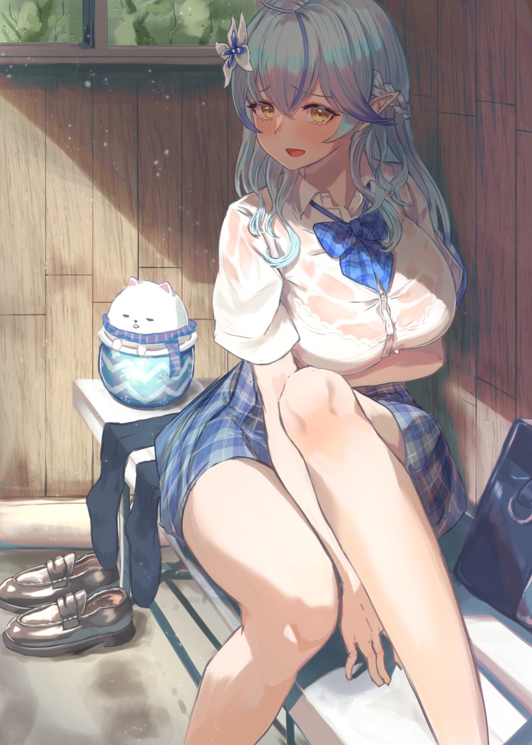 bra elf hololive pointy_ears roco_(rocoroco1115) see_through seifuku wet_clothes yukihana_lamy