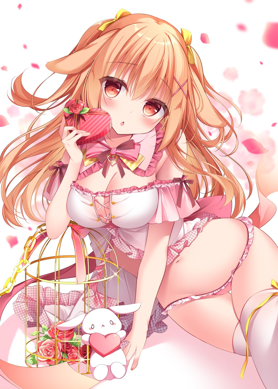 animal_ears bunny_ears lingerie no_bra pantsu shirosei_mochi thighhighs valentine