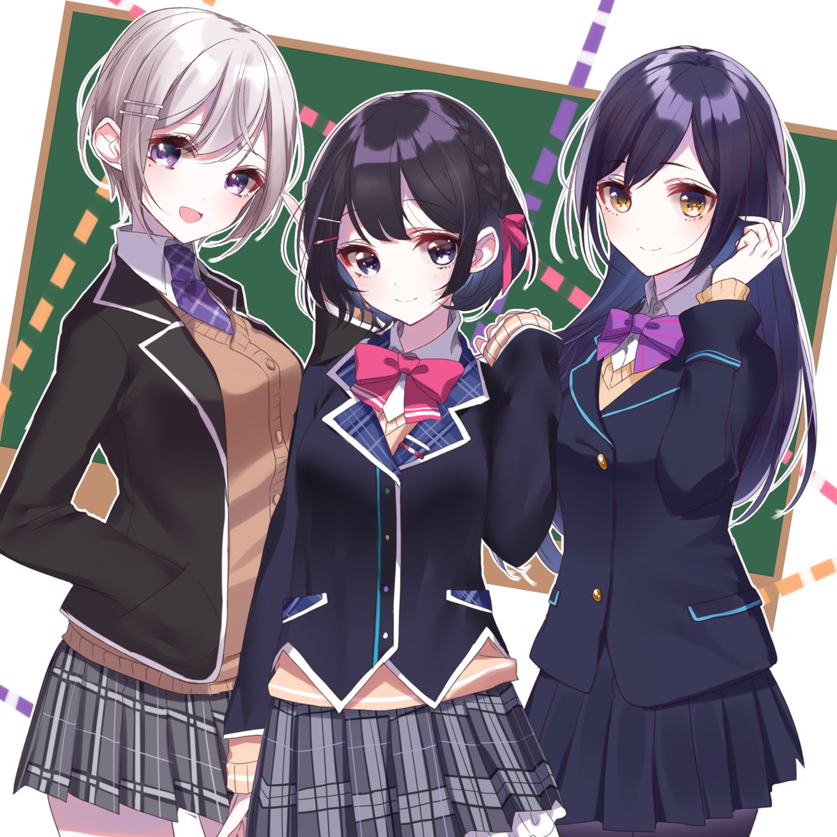 higuchi_kaede misumi_(macaroni) nijisanji pantyhose seifuku shizuka_rin sweater tsukino_mito