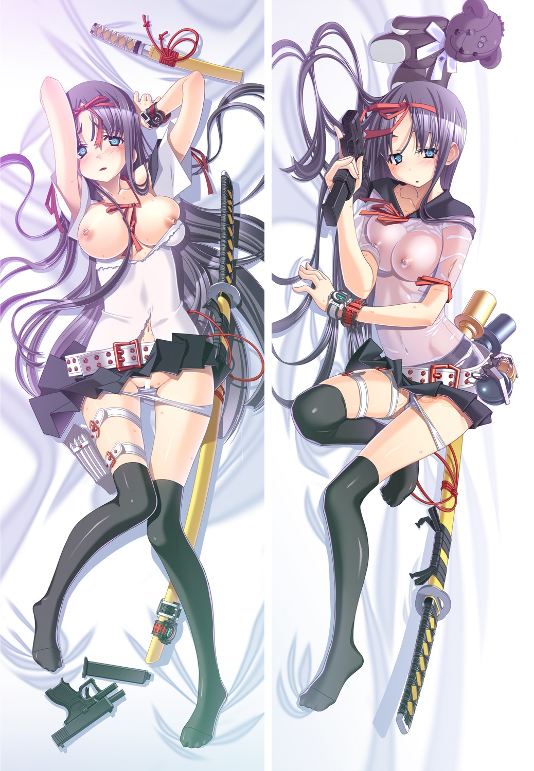 breasts censored gun nipples pantsu panty_pull sakuya_tsuitachi see_through sword thighhighs torn_clothes wet_clothes