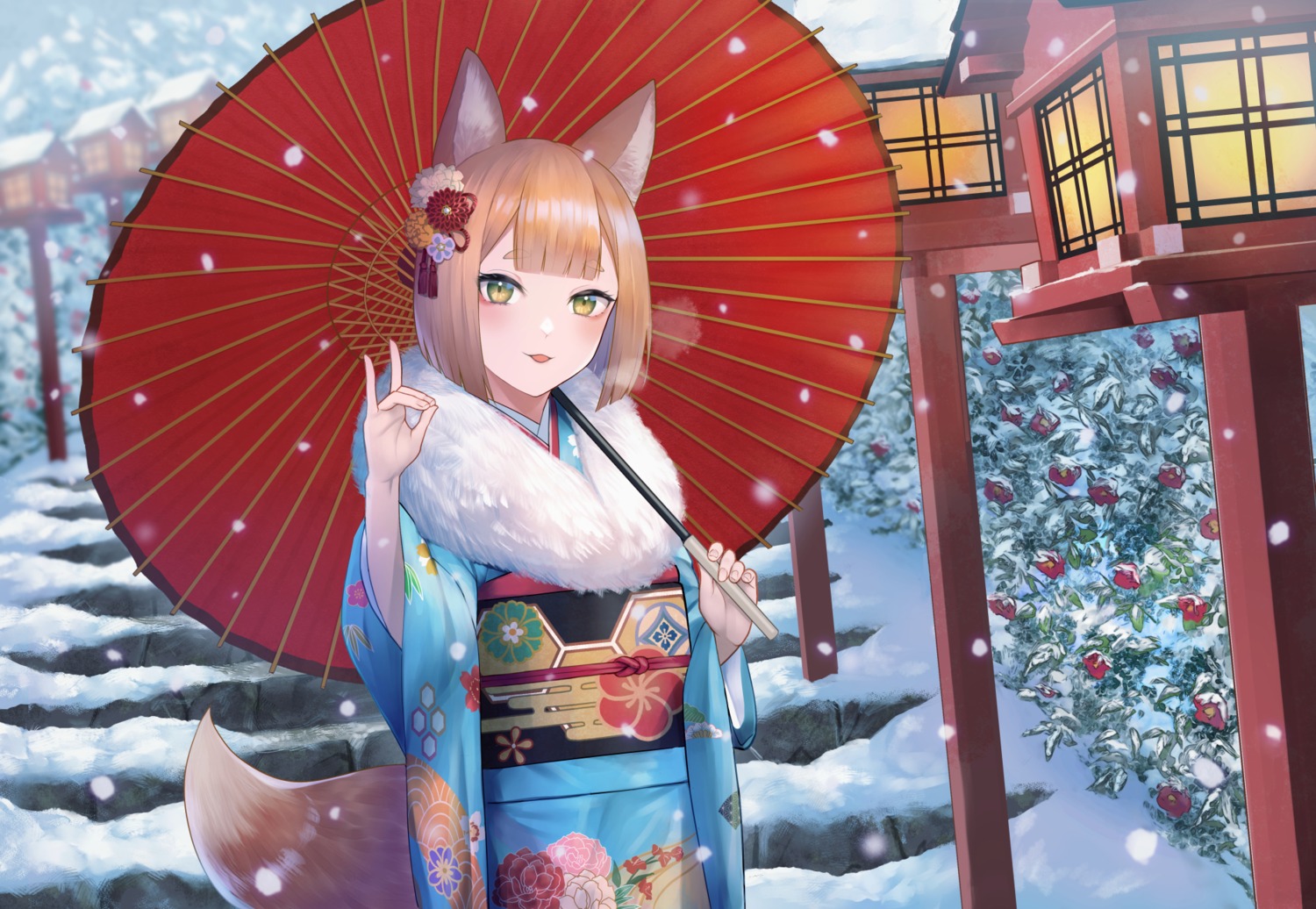 animal_ears kimono kitsune tagme tail umbrella