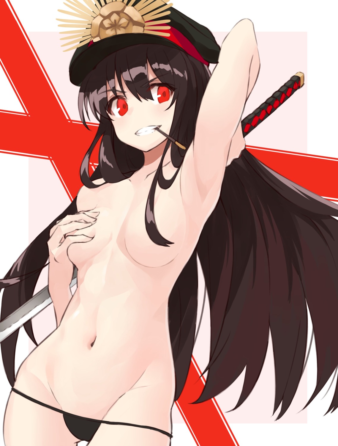 bikini breast_grab fate/grand_order oda_nobunaga_(fate) shunichi swimsuits sword topless
