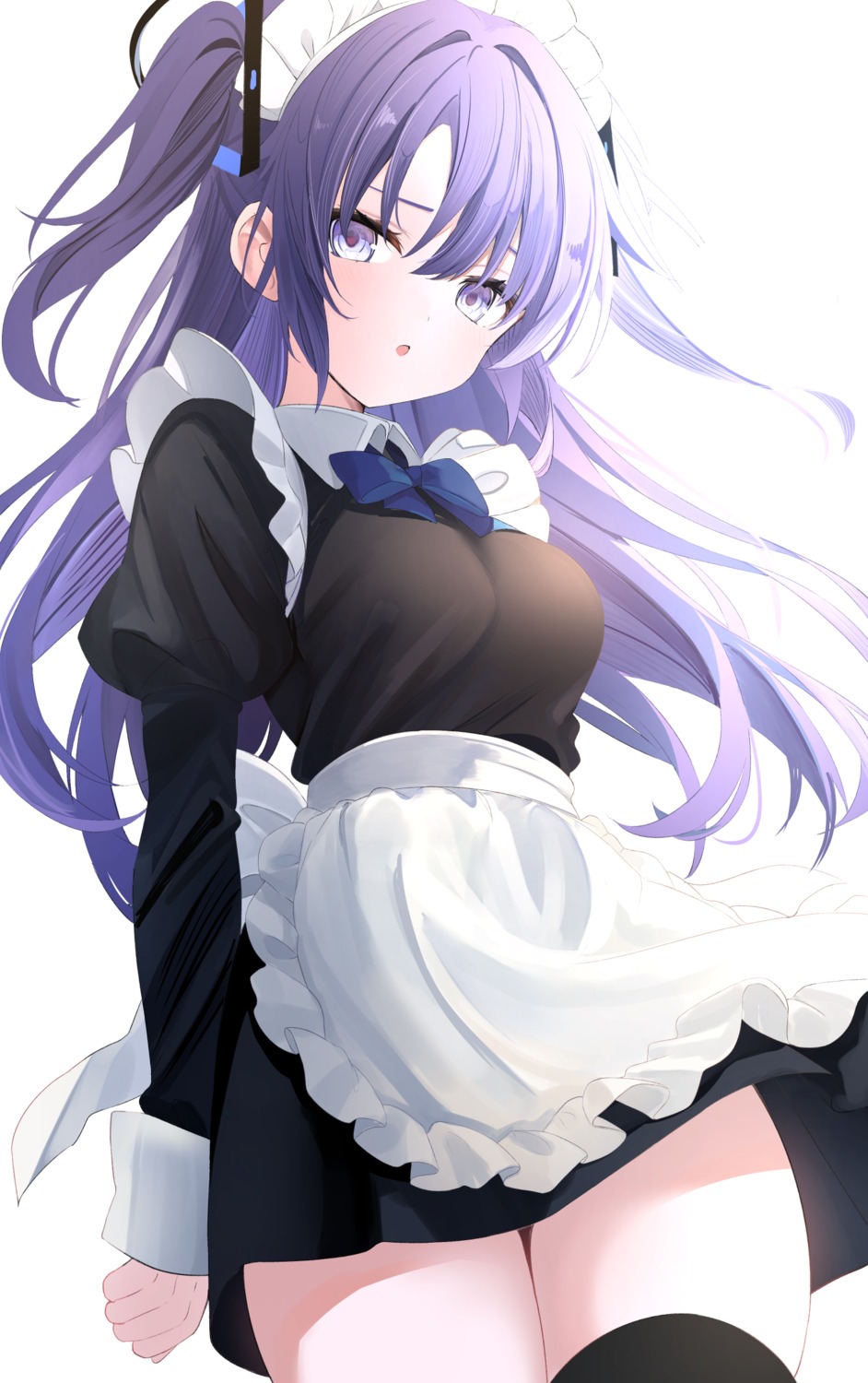 blue_archive halo hayase_yuuka maid skirt_lift thighhighs touyou_(39kir)