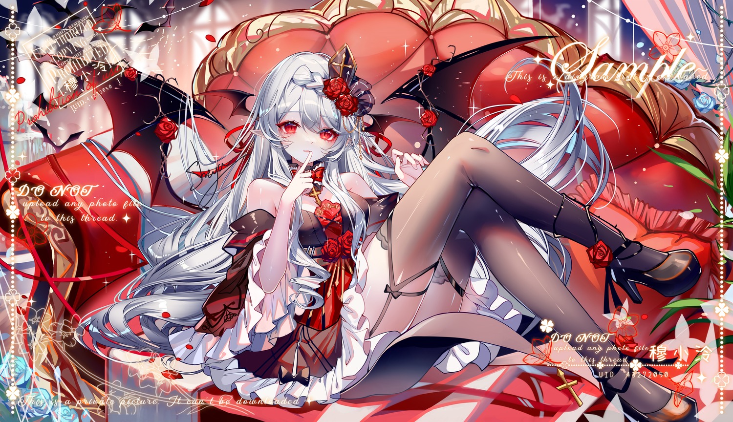 dress heels lolita_fashion no_bra pointy_ears sample sheya stockings thighhighs watermark wings