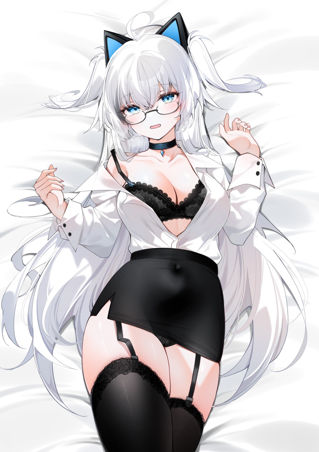 animal_ears bra megane nekomimi open_shirt pantsu stockings thighhighs yukineko1018