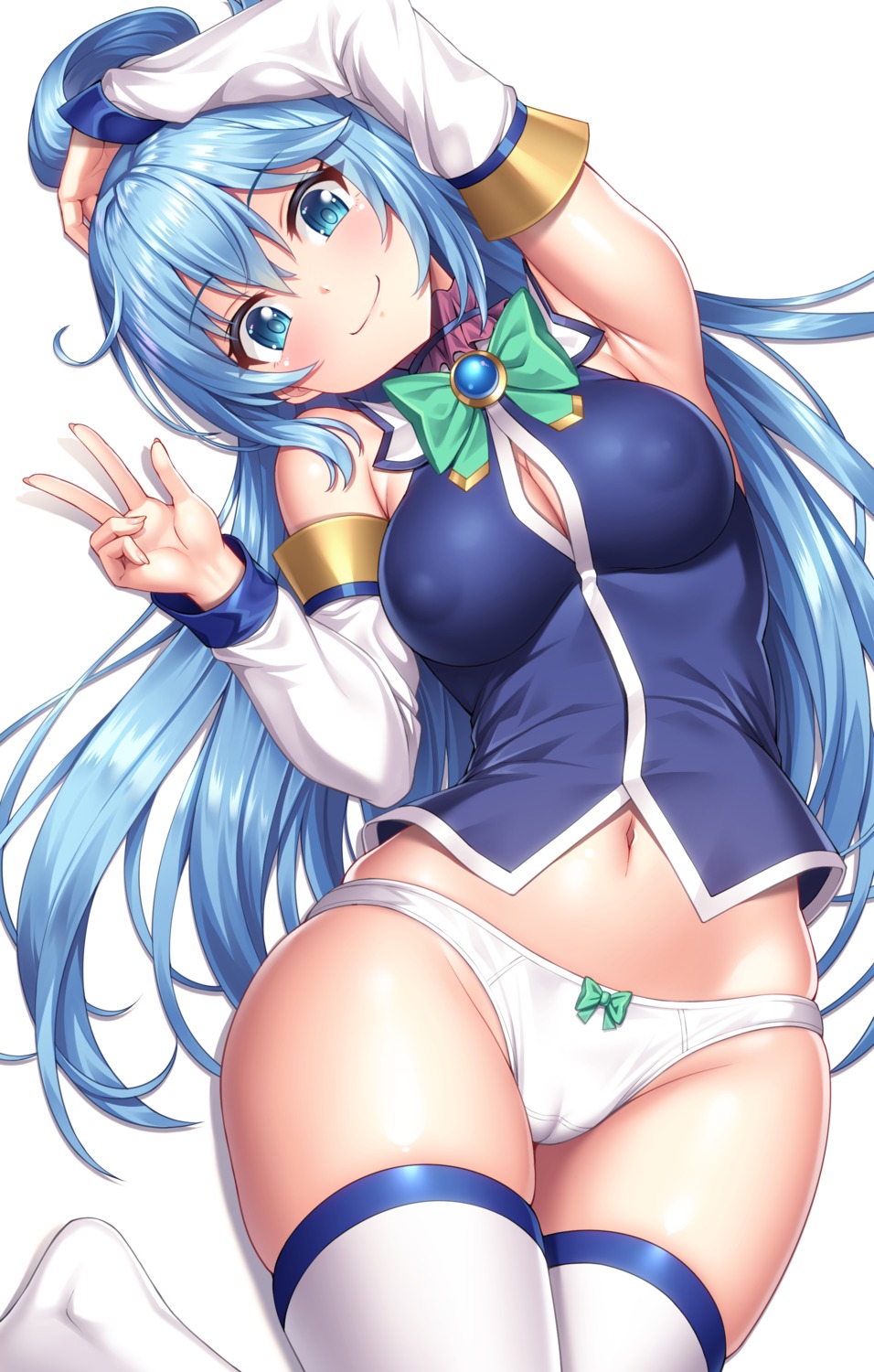 aqua_(konosuba) cameltoe cleavage erect_nipples kono_subarashii_sekai_ni_shukufuku_wo! lambda_(artist) no_bra open_shirt pantsu thighhighs