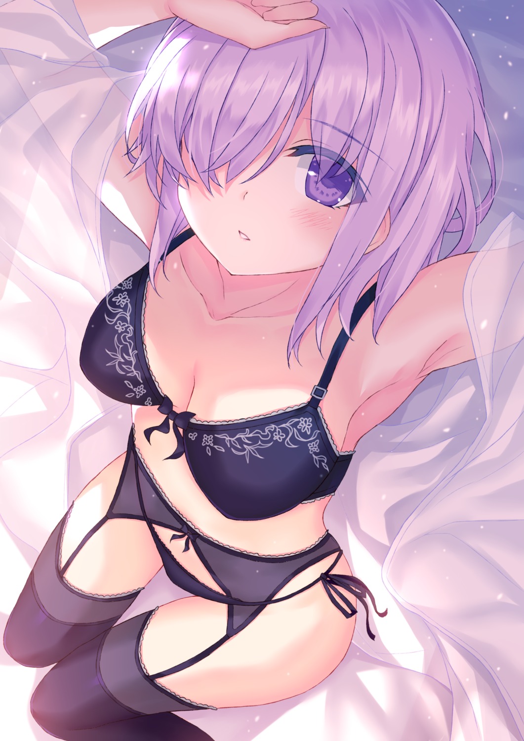 bra cleavage fate/grand_order garter_belt lingerie mash_kyrielight morizono_shiki open_shirt pantsu see_through stockings string_panties thighhighs