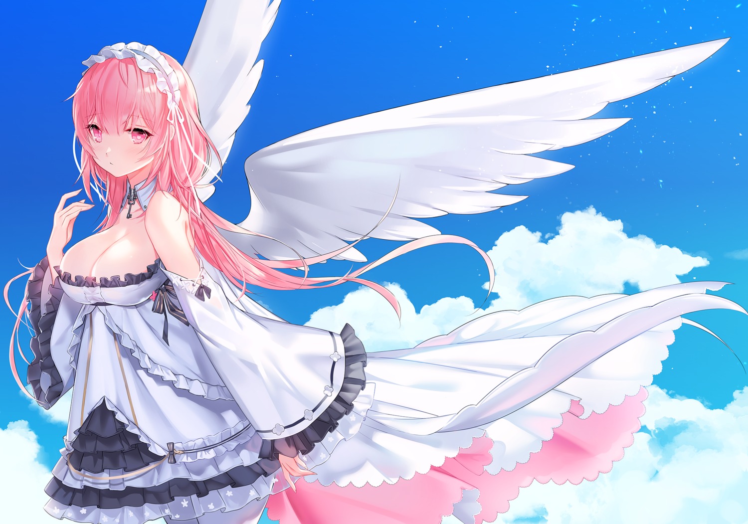 azur_lane dress laevan no_bra perseus_(azur_lane) skirt_lift thighhighs wings